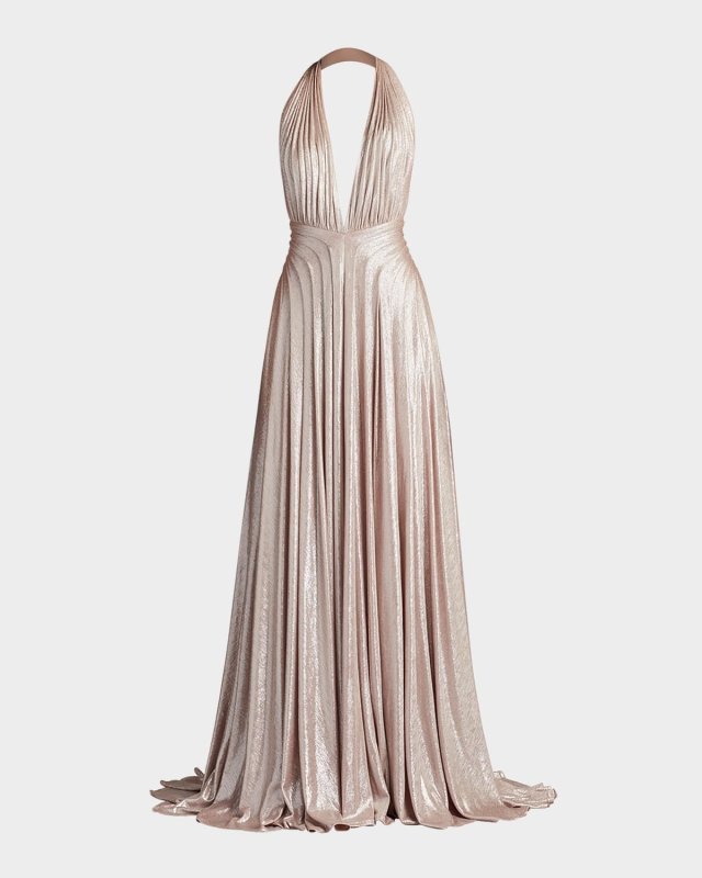 Backless Draped Deep V-Neck Gown